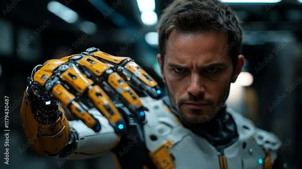 Poster a man in an advanced robotic suit closely studies his mechanical hand, surrounded by an illuminated 