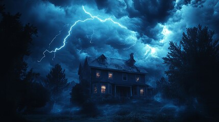 Fototapeta premium Haunted House Under a Stormy Sky: A Dark and Dramatic Scene