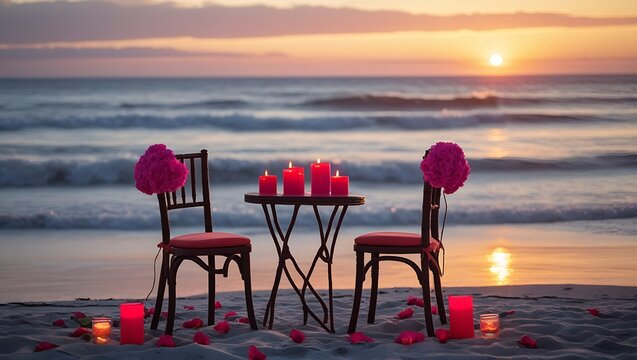 Romantic beachside dinner setup with candles and flowers at sunset, intimate dining experience by the ocean, perfect for special occasions and romantic getaways