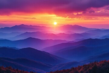 Fototapeta premium breathtaking mountain range panorama with dramatic sunset colors layered silhouettes of majestic peaks against vibrant orange and purple sky