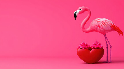 Fototapeta premium Flamingo and Heart, Valentine's Day, A vibrant image featuring a flamingo standing next to a designated text space, designed for high fidelity and enhanced visual appeal.