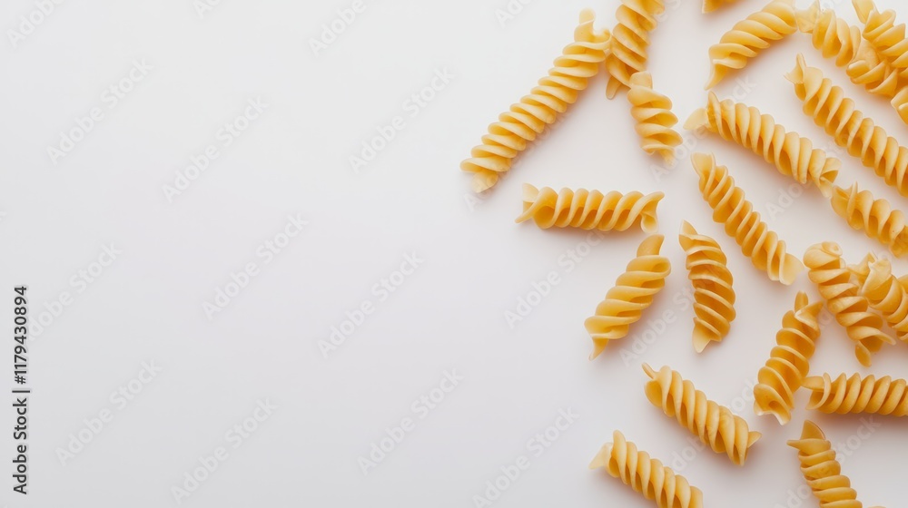 Poster Raw fusilli pasta pieces are scattered across a pristine white background, creating an intriguing visual arrangement that evokes culinary inspiration and the promise of a delicious meal