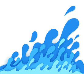 Paper cut water splash. 3d vector blue fluid ripples, liquid splashing spatters on white background in a papercut style, symbolizing fluidity, natural freshness, water resources, drink or beverage