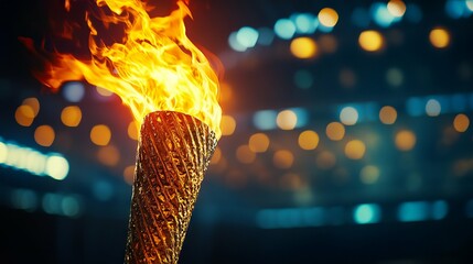 Symbolic Olympic Torch with Luminous Flame Illuminates a Grand Sports Ceremony and Celebrates International Athletic Spirit