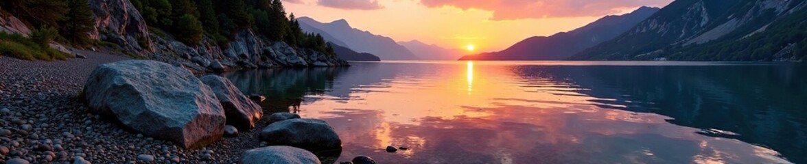 Falaise de roche ? l'entr?e d'un lac de montagne au coucher du soleil, water,