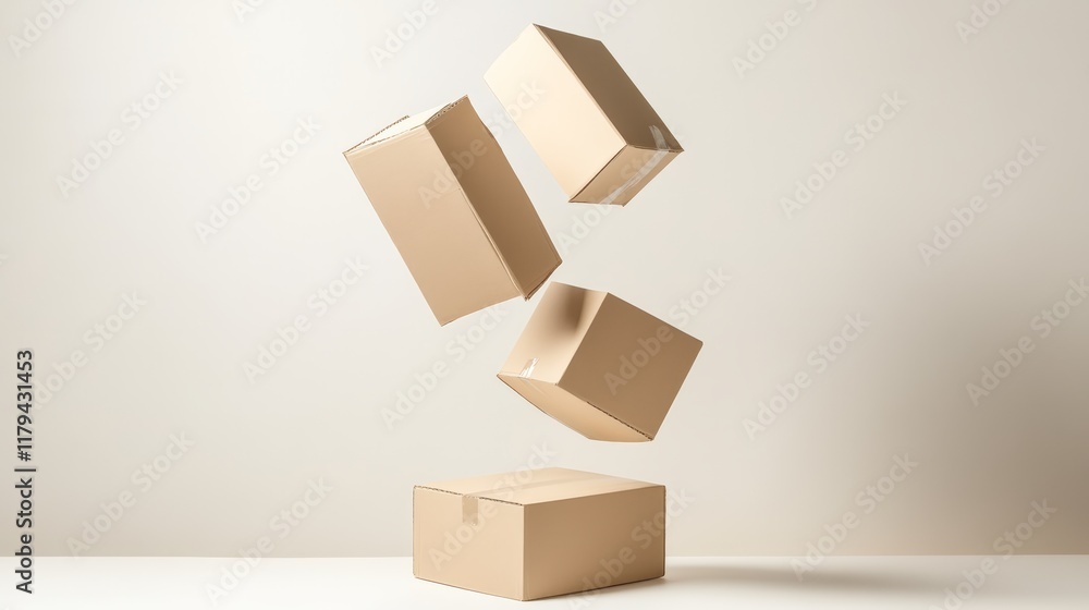 Poster Four closed cardboard boxes taped floating and levitating in empty room with white floor and beige wall, creating surreal and dreamlike atmosphere