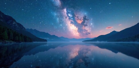 Naklejka premium Elegant white vapor rises from tranquil lake under starry sky, elegant, lake