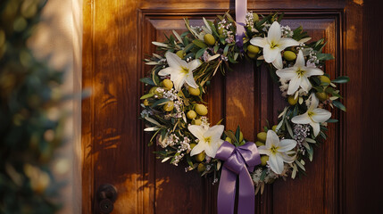 Beautifully Crafted Easter Wreath with Olive Branches, White Lilies, and Purple Ribbons on a Wooden Church Door