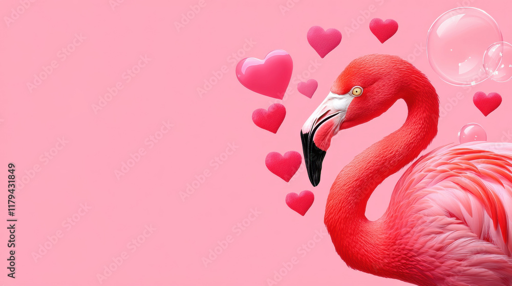 Poster flamingo and heart, valentine's day, a vibrant image of a flamingo surrounded by floating elements, 