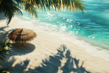 A lush tropical beach with white sand, turquoise waves, and a straw umbrella casting a soft shadow