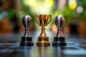 business achievement concept successful entrepreneur standing triumphantly on golden trophy symbol of corporate leadership excellence