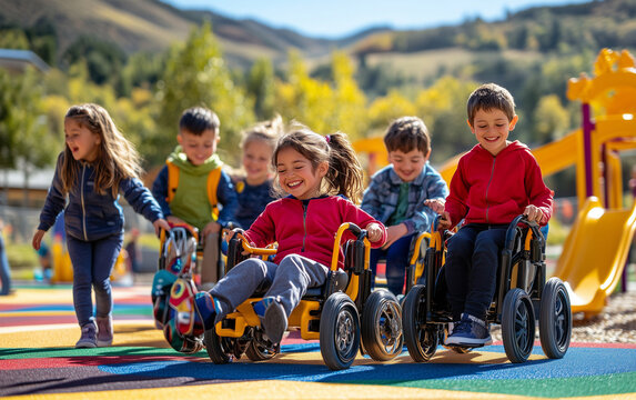 Children Playing Together in an Inclusive Playground with Bright Colors and Adaptive Equipment