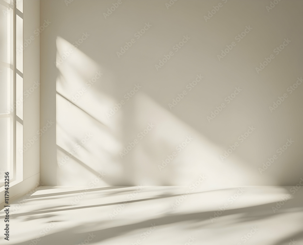 Poster sunlit tranquility: a serene window display of light and shadows in a minimalist room