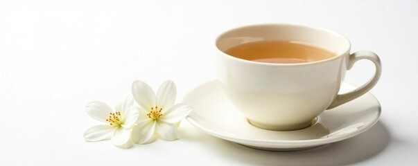 Fototapeta premium Delicate white cup of tea with fragrant jasmine flowers isolated on a clean white background, tea, delicate, white background
