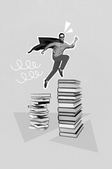 Creative 3d photo collage artwork graphics painting of funky excited superman rising book pile...