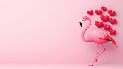 Fototapeta premium Flamingo and Heart, Valentine's Day, A vibrant image of a flamingo walking gracefully, suitable for various design projects and text placements in a high-fidelity format.