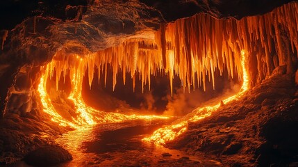 Lava flowing cave, fiery formations, underground, darkness, nature photography, geological wonder, travel, adventure