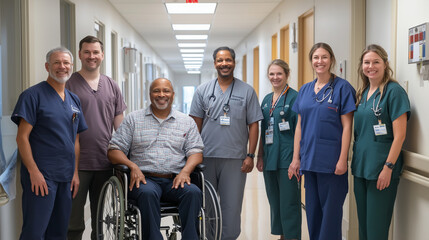 Healthcare Teams Supporting Patients in Wheelchairs with Smiles and Compassion in Hospital Hallways