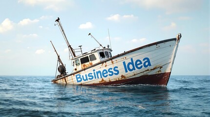 Obraz premium Sinking Boat Labeled 'Business Idea', Symbolizing Business Failure and Lost Opportunities