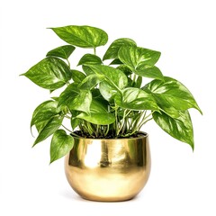Pothos plant with vibrantgreen leaves elegantlyplaced in a sleek goldmetallic pot, offering aluxurious andcontemporary touch, isolated on white background