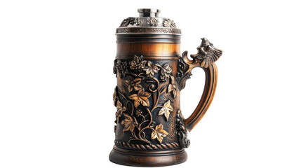An ornate beer stein crafted with intricate floral designs displayed on a neutral backdrop on transparent background