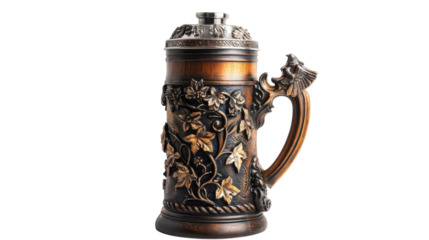 An ornate beer stein crafted with intricate floral designs displayed on a neutral backdrop on transparent background
