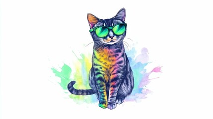 Vibrant Illustration of a Cool Cat in Sunglasses with a Rainbow Splash of Colors in Modern Art Style