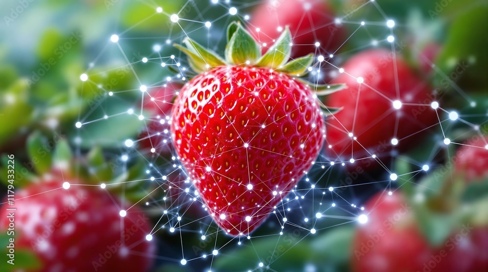 Poster strawberry surrounded by digital network, symbolizing integration of nature and technology in llm mo