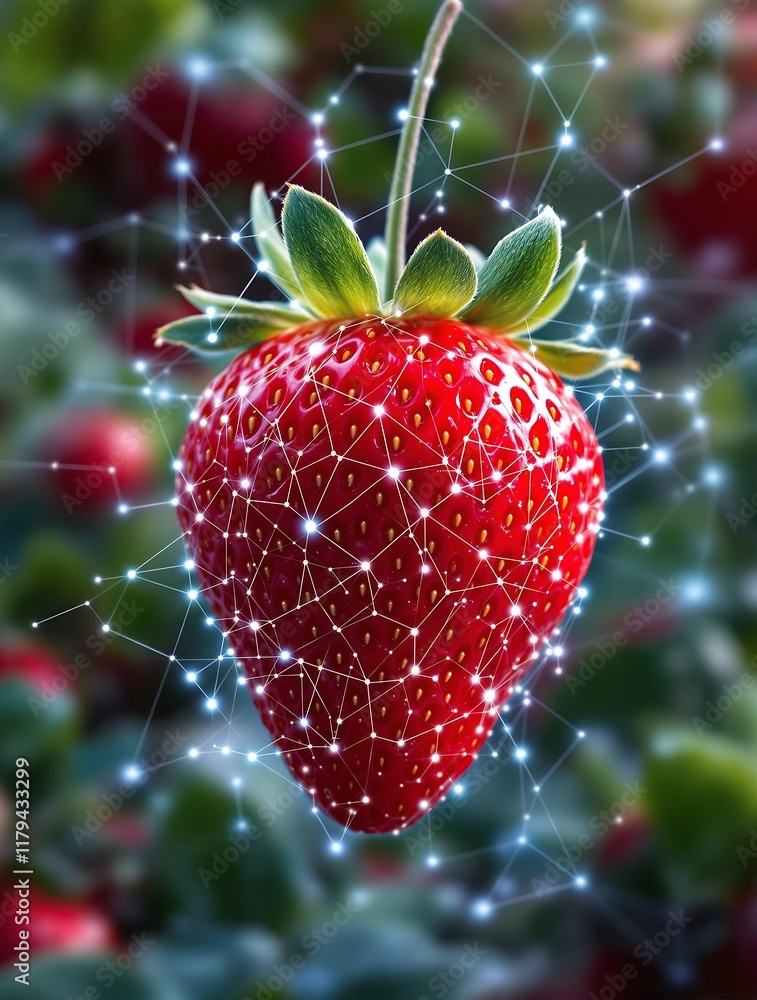 Poster strawberry surrounded by digital network, symbolizing integration of nature and technology in llm mo