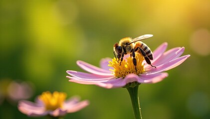 Bee hovering around Tilia cordata flowers in sunlight, pollination, sunlight