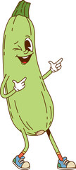 Cartoon zucchini vegetable groovy character. Agriculture ripe vegetable vintage happy character. Healthy food veggie retro isolated vector cute mascot or farm fresh zucchini groovy funny personage