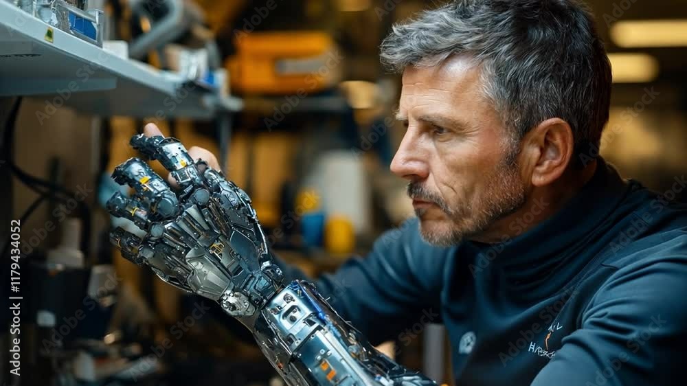 Aufkleber A focused engineer inspects a cutting-edge robotic prosthetic arm in a well-equipped lab, highlighting the intersection of technology and healthcare.