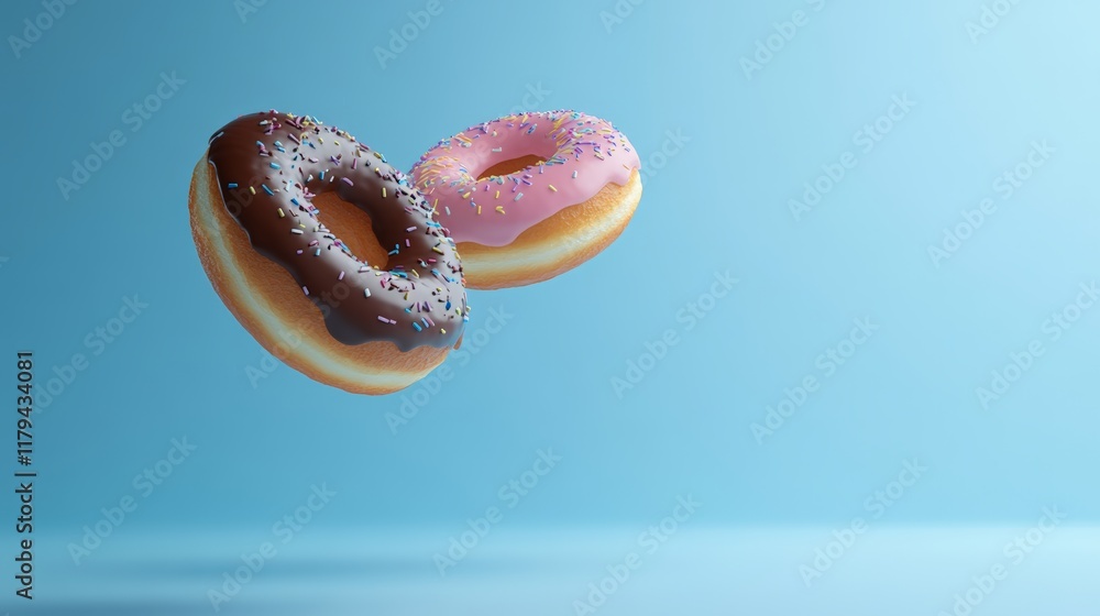 Poster two delicious donuts, one pink with colorful sprinkles and the other chocolate with colorful sprinkl