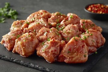 Marinated chicken pieces ready for grilling on a stone surface with seasoning and herbs. Generative AI