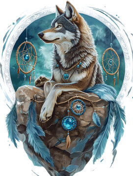 Majestic Wolf Surrounded by Dream Catchers and Gems