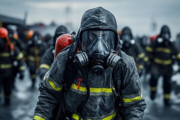 Naklejka premium Firefighters in protective gear march through a stormy environment during a training exercise. Generative AI