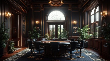Elegant interior of a luxurious card room with rich furnishings and greenery in soft afternoon light. Generative AI
