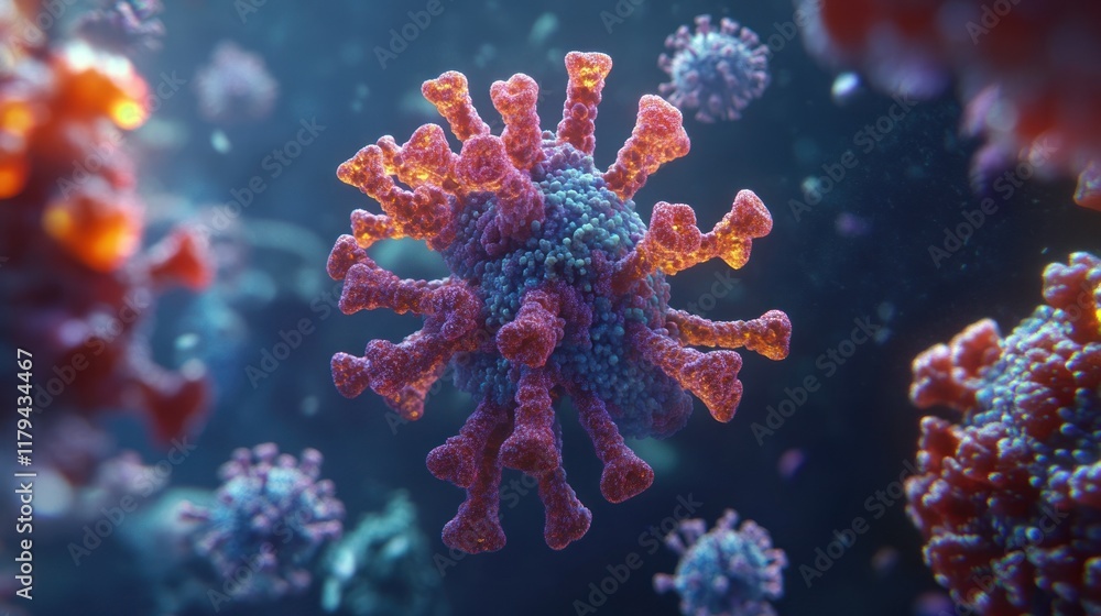 Poster microscopic view of a virus exhibiting intricate structures and vibrant colors in a dark environment
