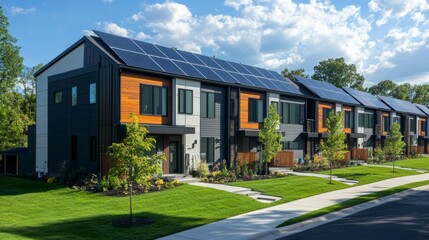 Explore Modern Eco-Friendly Townhouses with Solar Panels in a Green Neighborhood Embracing Sustainable Living and Innovative Urban Design