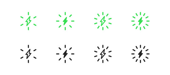 Green wireless charge bolt icon. Eco lightning, power flash symbol. Voltage thunder, energy sign in vector flat style.
