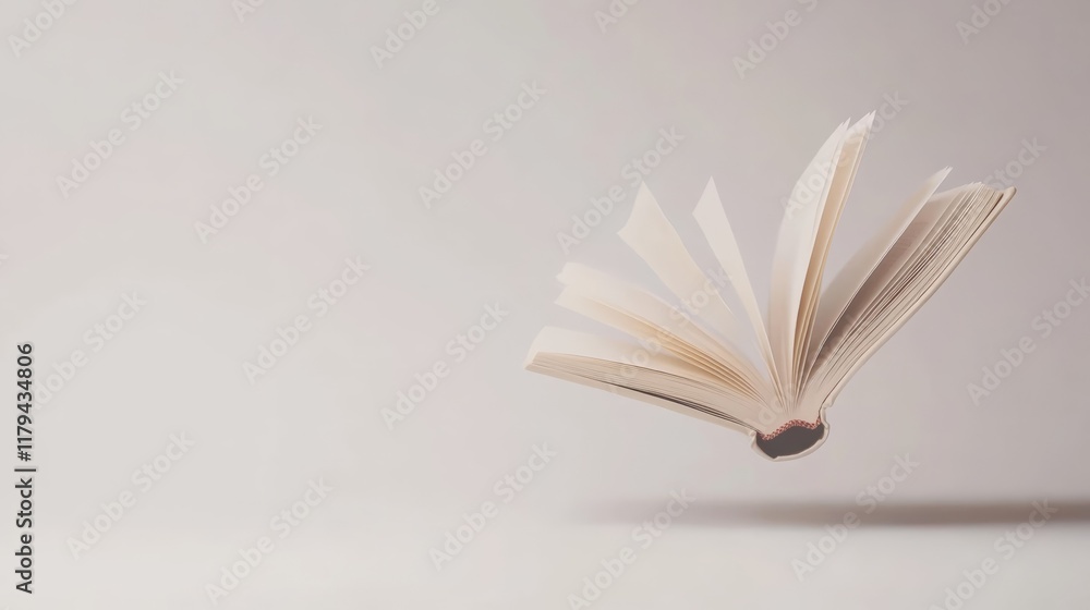 Poster Open book with pages turning is levitating on a minimal white background, suggesting concepts such as freedom of thought, imagination, and the power of knowledge