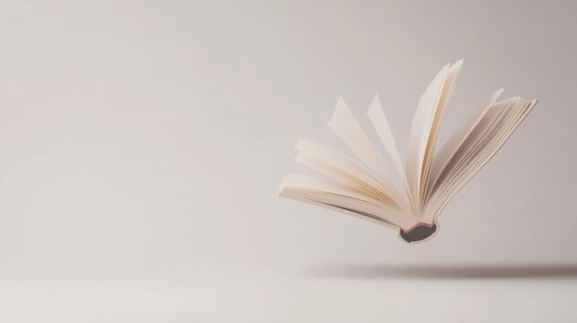 Open book with pages turning is levitating on a minimal white background, suggesting concepts such as freedom of thought, imagination, and the power of knowledge