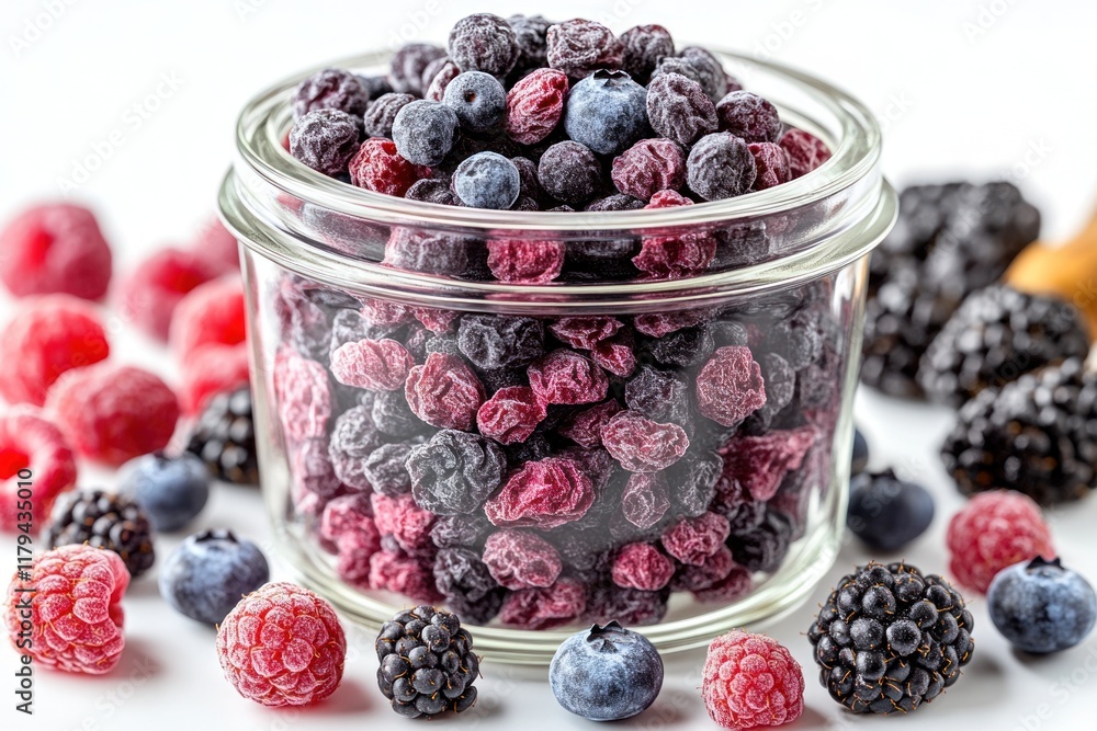 Poster freshly picked mixed berries in a glass jar with additional berries scattered around on a white surf