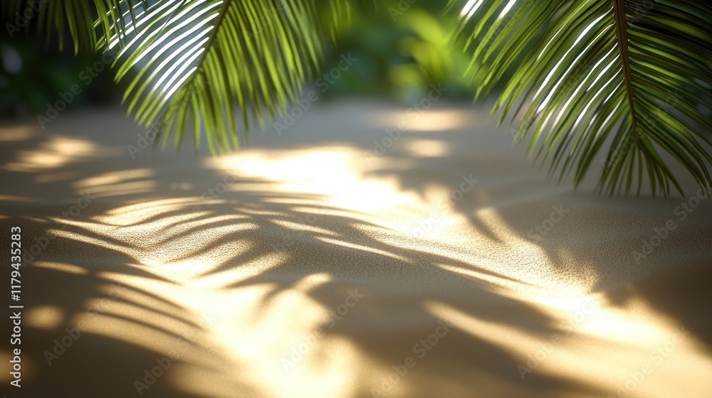 Poster Green palm leaves casting shadows on sandy surface in a tropical setting during daylight. Generative AI