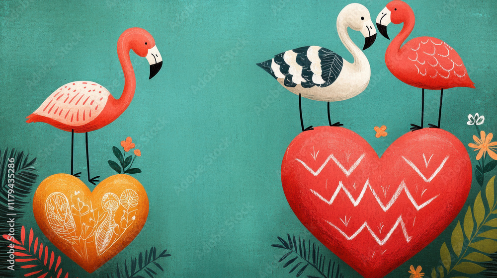 Poster flamingo and heart, valentine's day, a vibrant stock image of flamingos balancing on a large object,