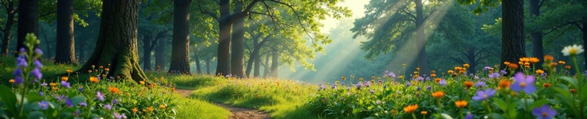Obraz premium A peaceful forest glade with wildflowers and tall trees, tall, foliage, scenery