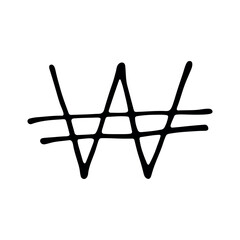Hand drawn won currency symbol. Brush stroke doodle. Single element for design