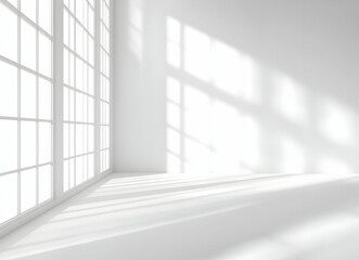 Fototapeta premium Bright Sunlit Room with Large Windows Casting Intricate Shadows on Minimalistic White Walls