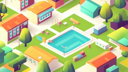 Colorful Neighborhood with Pool and Houses