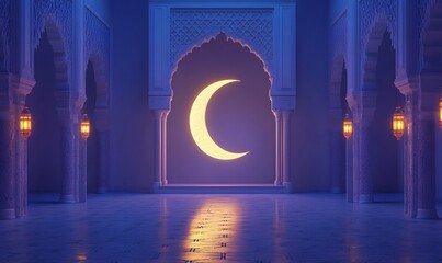 Fototapeta premium Crescent moon in ornate archway of Islamic architecture.